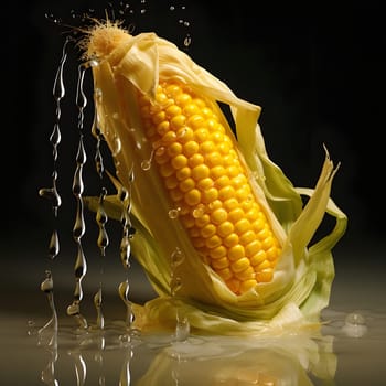 Yellow cob, corn with leaves and drops of water falling from them on a dark background. Corn as a dish of thanksgiving for the harvest. An atmosphere of joy and celebration.