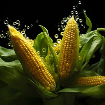 Is yellow corn in green Leaves all around drops of water, black background. Corn as a dish of thanksgiving for the harvest. An atmosphere of joy and celebration.
