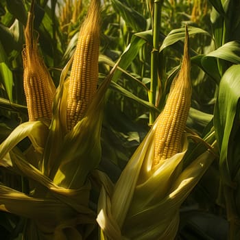 Photos of a field of corn green leaves and yellow cobs. Corn as a dish of thanksgiving for the harvest. An atmosphere of joy and celebration.