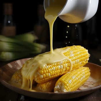 Four yellow corn cobs doused with corn sauce on a plate. Corn as a dish of thanksgiving for the harvest. An atmosphere of joy and celebration.