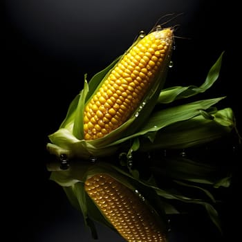 Cob of corn on black background with mirror image below. Corn as a dish of thanksgiving for the harvest. An atmosphere of joy and celebration.