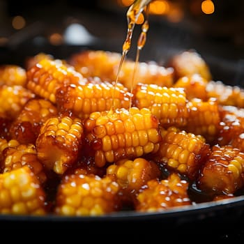 Small cobs of corn in sauce on a plate. Corn as a dish of thanksgiving for the harvest. An atmosphere of joy and celebration.