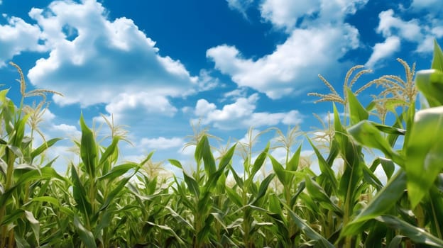 View of corn field from below up flowing clouds in the sky. Corn as a dish of thanksgiving for the harvest. An atmosphere of joy and celebration.