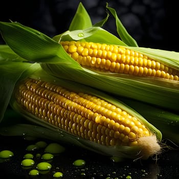 Two yellow corn cobs in a leaf on a dark background. Corn as a dish of thanksgiving for the harvest. An atmosphere of joy and celebration.