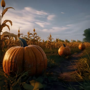 Corn field and lone giant orange pumpkins, court, evening. Pumpkin as a dish of thanksgiving for the harvest. An atmosphere of joy and celebration.