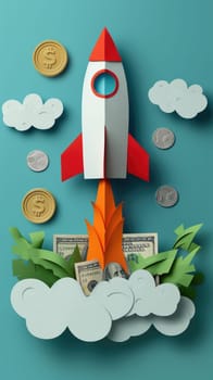 Minimalist paper cutout illustration of rocket is launching, coin and dollar bill