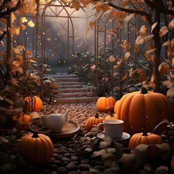 Illustrations, garden and in it pumpkins, tea, mugs. Pumpkin as a dish of thanksgiving for the harvest. An atmosphere of joy and celebration.