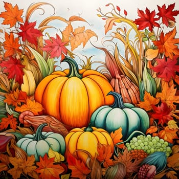 Illustration of pumpkins, leaves, harvest from the field. Pumpkin as a dish of thanksgiving for the harvest. An atmosphere of joy and celebration.