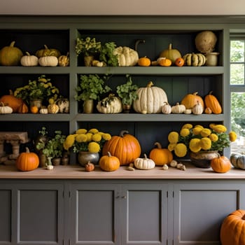 Cabinets in the kitchen, decorated with flowers and colorful pumpkins. Pumpkin as a dish of thanksgiving for the harvest. An atmosphere of joy and celebration.