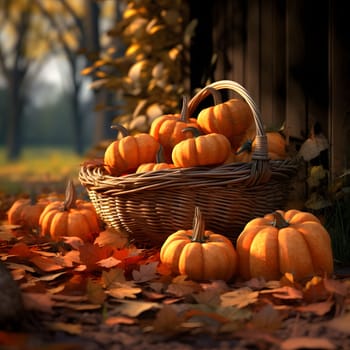 Photo of a wicker basket, and in it pumpkins around autumn leaves, nature. Pumpkin as a dish of thanksgiving for the harvest. An atmosphere of joy and celebration.