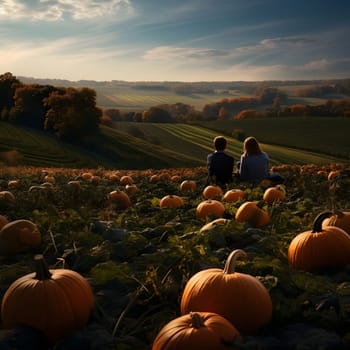 Pumpkin field in the midst of it a couple; a boy and a girl sitting, with fields and forests in the background. Pumpkin as a dish of thanksgiving for the harvest. An atmosphere of joy and celebration.