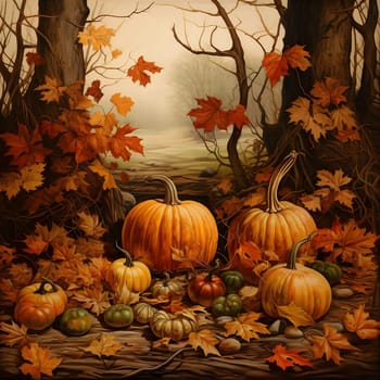 Illustration of an autumn forest in the middle of it pumpkins and leaves. Pumpkin as a dish of thanksgiving for the harvest. An atmosphere of joy and celebration.