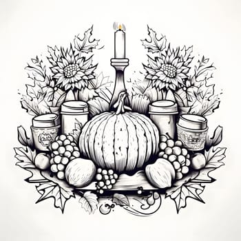 Black and white coloring book, candle, flowers, grape pumpkins. Pumpkin as a dish of thanksgiving for the harvest, picture on a white isolated background. Atmosphere of joy and celebration.