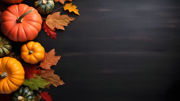 Top view of the dark background, autumn leaves on the left and colorful Pumpkins, banner with space for your own content. Blank space for caption.