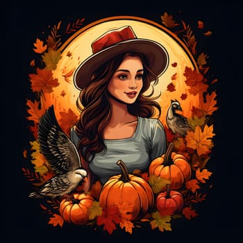 Illustration of a young woman wearing a farmer's hat around birds and pumpkins and leaves black background. Pumpkin as a dish of thanksgiving for the harvest. An atmosphere of joy and celebration.