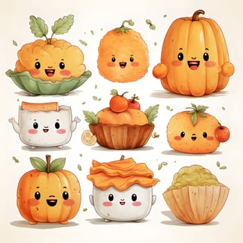 Animated, cheerful, pleasant with smiles and eyes harvest from the field. Pumpkin as a dish of thanksgiving for the harvest, picture on a white isolated background. Atmosphere of joy and celebration.