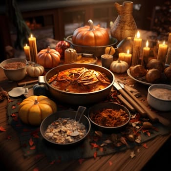 Photo of a table set with pumpkin soup, pumpkins, spices, candles. Pumpkin as a dish of thanksgiving for the harvest. An atmosphere of joy and celebration.