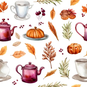 Elegant and modern. Kettles, leaves and pumpkin dishes as abstract background, wallpaper, banner, texture design with pattern - vector. White colors.