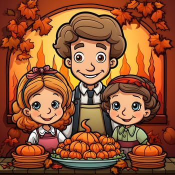 Illustration of a smiling family at a table with pumpkins in the back of the fireplace and leaves. Pumpkin as a dish of thanksgiving for the harvest. An atmosphere of joy and celebration.