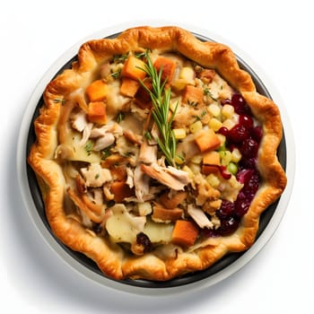 Top view of pumpkin and meat spiced pizza Pumpkin as a dish of thanksgiving for the harvest, picture on a white isolated background. Atmosphere of joy and celebration.