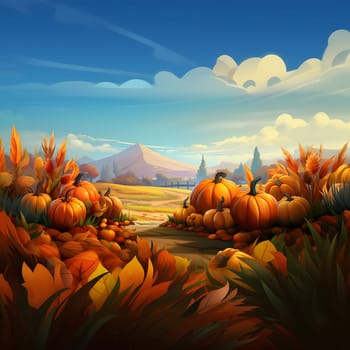 Fairy tale illustration; pumpkins flowers fields with mountains in background. Banner. Pumpkin as a dish of thanksgiving for the harvest. An atmosphere of joy and celebration.