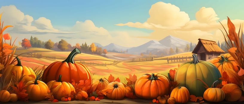 Fairy tale illustration; pumpkins flowers fields with mountains in background. Banner. Pumpkin as a dish of thanksgiving for the harvest. An atmosphere of joy and celebration.