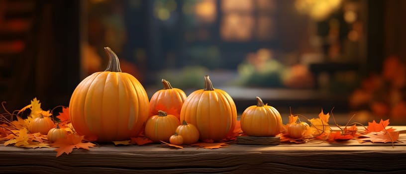 Elegantly arranged pumpkins and autumn leaves on a wooden table top, smudged background. Pumpkin as a dish of thanksgiving for the harvest. An atmosphere of joy and celebration.