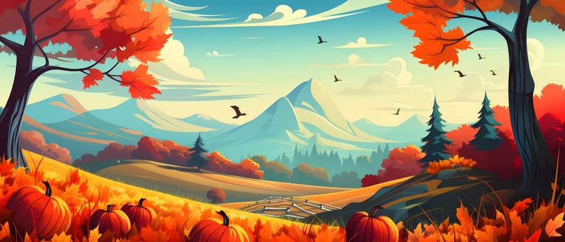 Fairy tale illustration; pumpkins flowers fields with mountains in background. Banner. Pumpkin as a dish of thanksgiving for the harvest. An atmosphere of joy and celebration.