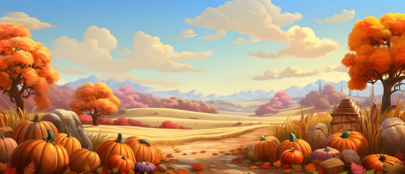 Fairy tale illustration; pumpkins flowers fields with mountains in background. Banner. Pumpkin as a dish of thanksgiving for the harvest. An atmosphere of joy and celebration.