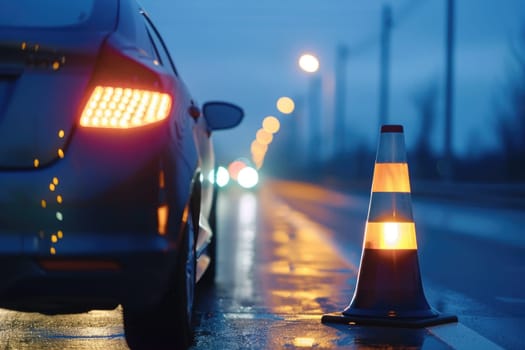 A car pulled over on the side of the road with its hazard lights flashing and a caution cone placed