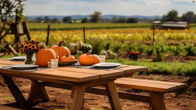 Photo of a wooden table with benches, and on it plates of pumpkins in the background field. Pumpkin as a dish of thanksgiving for the harvest. An atmosphere of joy and celebration.