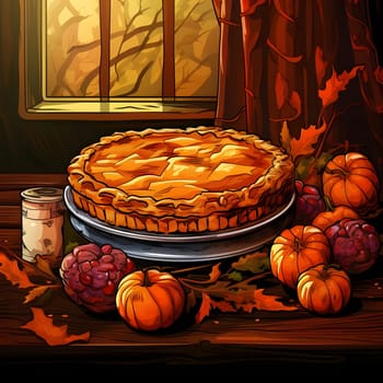 Illustration of pumpkin pie and pumpkins on a wooden table top. Pumpkin as a dish of thanksgiving for the harvest. An atmosphere of joy and celebration.