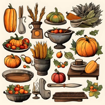 Stickers related to harvest, vegetables, fruits. Pumpkin as a dish of thanksgiving for the harvest, picture on a white isolated background. Atmosphere of joy and celebration.