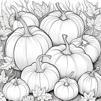 Black, White coloring book. A dozen pumpkins and leaves. Pumpkin as a dish of thanksgiving for the harvest, picture on a white isolated background. Atmosphere of joy and celebration.
