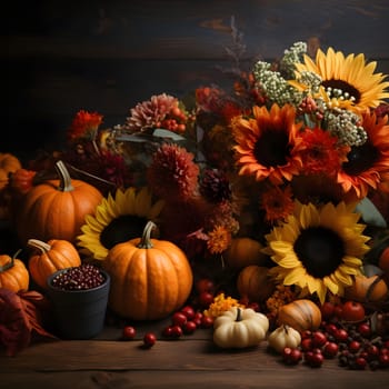 Sunflowers, pumpkins, rowan, vegetables. Harvest from the field on a dark board wooden background. Pumpkin as a dish of thanksgiving for the harvest. An atmosphere of joy and celebration.