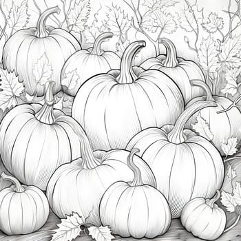 Black, White coloring book. A dozen pumpkins and leaves. Pumpkin as a dish of thanksgiving for the harvest, picture on a white isolated background. Atmosphere of joy and celebration.
