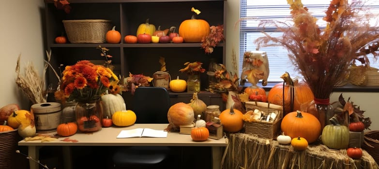 Elegant display; pumpkins, flowers, harvest from the field. Pumpkin as a dish of thanksgiving for the harvest. An atmosphere of joy and celebration.