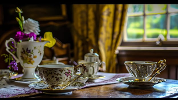 Elegant table setting for tea party with cakes and cupcakes in English manor. Selective focus. Vintage style