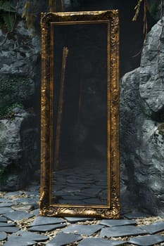 A rectangle mirror in a gold frame rests on a stone floor in an art building, reflecting a painting of a forest with a wooden trunk and twig