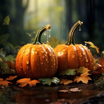 Two pumpkins around autumn leaves falling rain, water drops and Forest. Pumpkin as a dish of thanksgiving for the harvest. An atmosphere of joy and celebration.