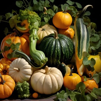 Elegantly arranged pumpkins and other vegetables on a dark background. Pumpkin as a dish of thanksgiving for the harvest. An atmosphere of joy and celebration.