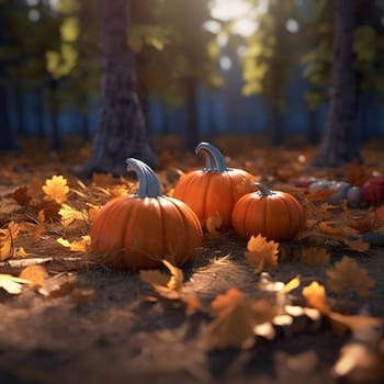 Three pumpkins around grass, autumn leaves, smudged Forest in the background. Pumpkin as a dish of thanksgiving for the harvest. An atmosphere of joy and celebration.