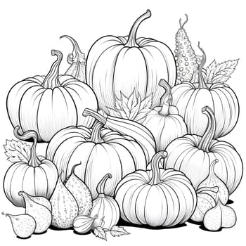 Black and White coloring book, harvest from the field; pumpkins. Pumpkin as a dish of thanksgiving for the harvest, picture on a white isolated background. Atmosphere of joy and celebration.