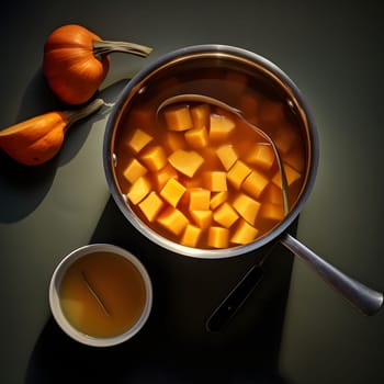 Top view of pumpkin soup around seeds and pumpkins dark background. Pumpkin as a dish of thanksgiving for the harvest. An atmosphere of joy and celebration.