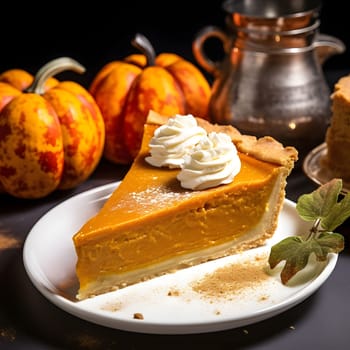 A piece of pumpkin pie with meringue on a plate with honey and pumpkin in the background. Pumpkin as a dish of thanksgiving for the harvest. An atmosphere of joy and celebration.
