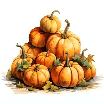 Illustrations. A pile of pumpkins with leaves. Pumpkin as a dish of thanksgiving for the harvest, picture on a white isolated background. Atmosphere of joy and celebration.