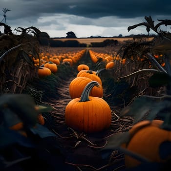 Pumpkins on the path. Pumpkin as a dish of thanksgiving for the harvest. An atmosphere of joy and celebration.