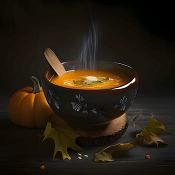 Pumpkin soup in a bowl around the leaves small pumpkin dark background. Pumpkin as a dish of thanksgiving for the harvest. An atmosphere of joy and celebration.