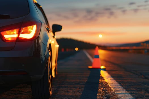 A car pulled over on the side of the road with its hazard lights flashing and a caution cone placed