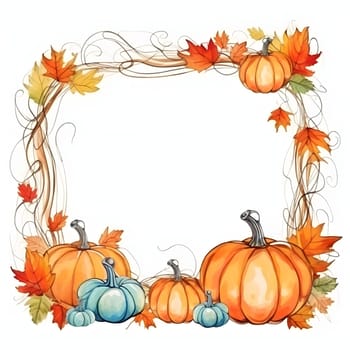 A frame embellished with pumpkins, vines and leaves against a light background forms an elegant and visually appealing composition.
